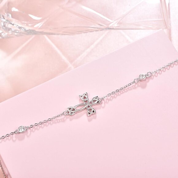 925 Sterling Silver Celtic Cross Women’s Bracelet, Adjustable Gift Idea - Picture 2 of 7
